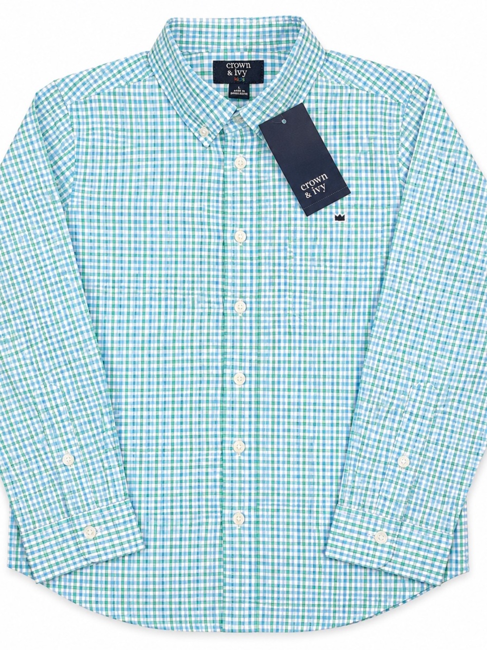 Crown & Ivy Kids Blue Green Plaid Button Down Shirt Large NWT